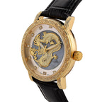 GENOA TIME LIMITED EDITION Dragon Series 3ATM WR Mother Of Pearl Dial & Gold Case Watch with Austrian Crystal Accents & Black Leather Strap Presented in a Gift Box