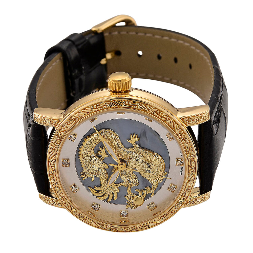 GENOA TIME LIMITED EDITION Dragon Series 3ATM WR Mother Of Pearl Dial & Gold Case Watch with Austrian Crystal Accents & Black Leather Strap Presented in a Gift Box