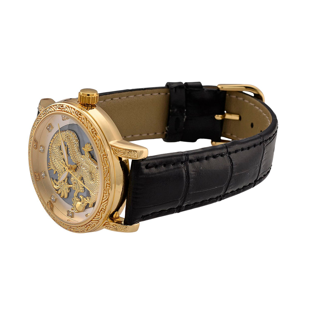 GENOA TIME LIMITED EDITION Dragon Series 3ATM WR Mother Of Pearl Dial & Gold Case Watch with Austrian Crystal Accents & Black Leather Strap Presented in a Gift Box