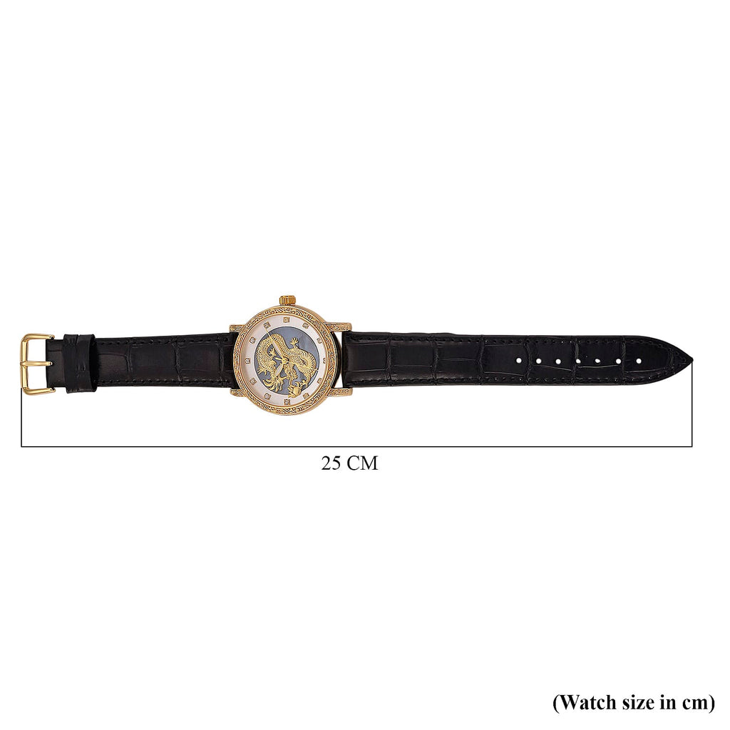 GENOA TIME LIMITED EDITION Dragon Series 3ATM WR Mother Of Pearl Dial & Gold Case Watch with Austrian Crystal Accents & Black Leather Strap Presented in a Gift Box