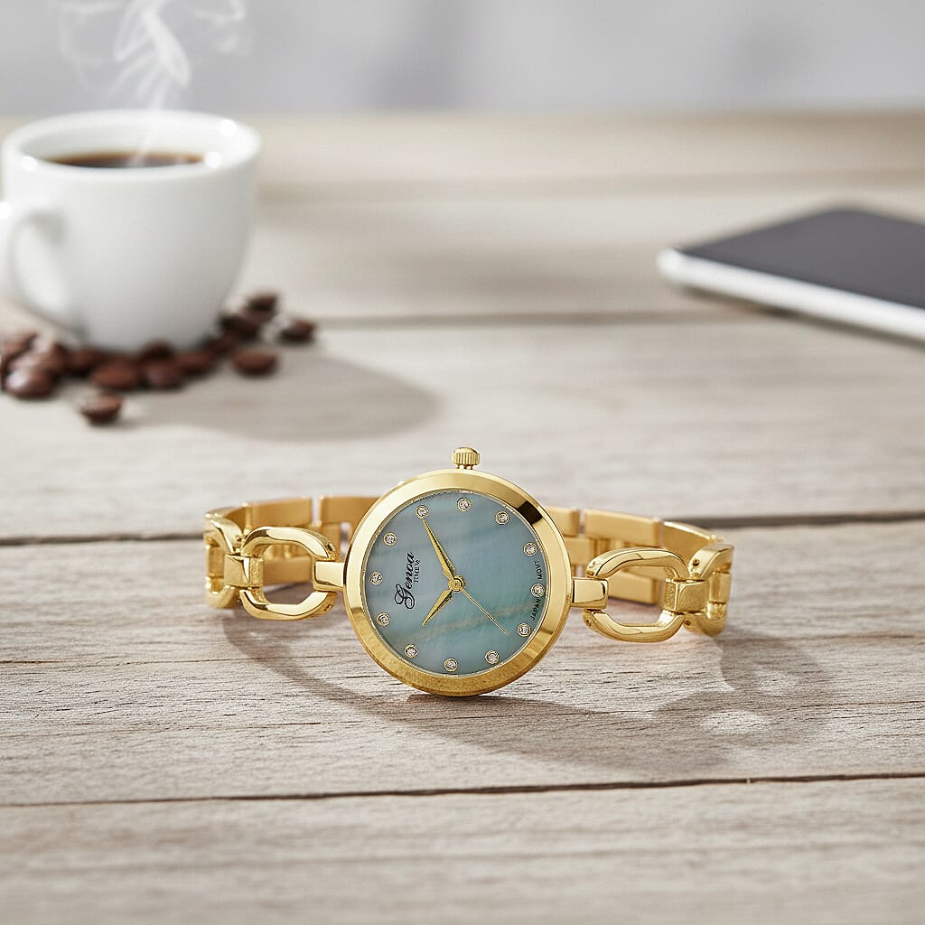 GENOA TIME V2 Miyota 2035 Japan Movt. 3ATM Water Resistant Green MOP & White Crystal Dial Ladies Watch with Gold Colour Alloy Chain Strap and Gold-Tone Case