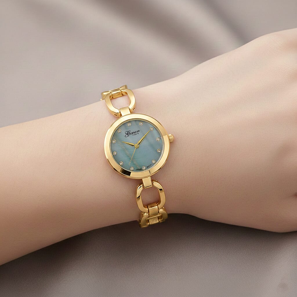 GENOA TIME V2 Miyota 2035 Japan Movt. 3ATM Water Resistant Green MOP & White Crystal Dial Ladies Watch with Gold Colour Alloy Chain Strap and Gold-Tone Case