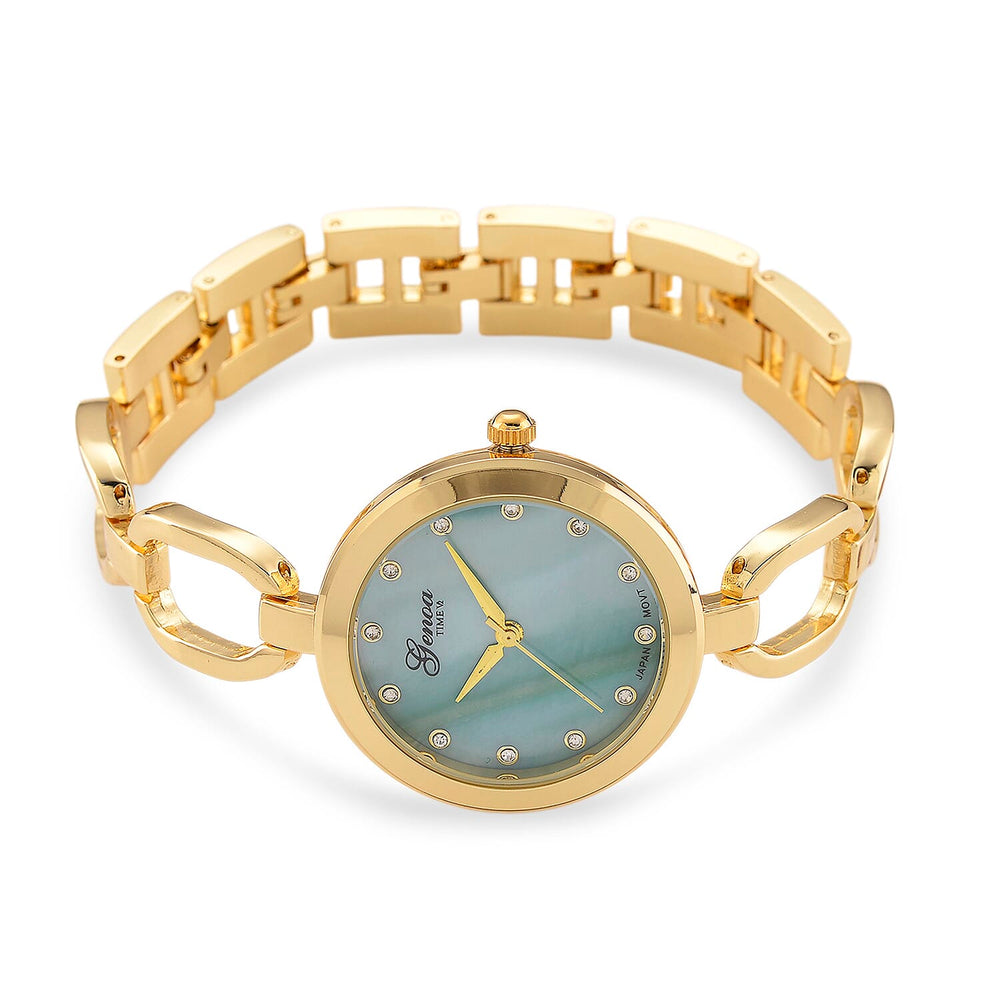 GENOA TIME V2 Miyota 2035 Japan Movt. 3ATM Water Resistant Green MOP & White Crystal Dial Ladies Watch with Gold Colour Alloy Chain Strap and Gold-Tone Case