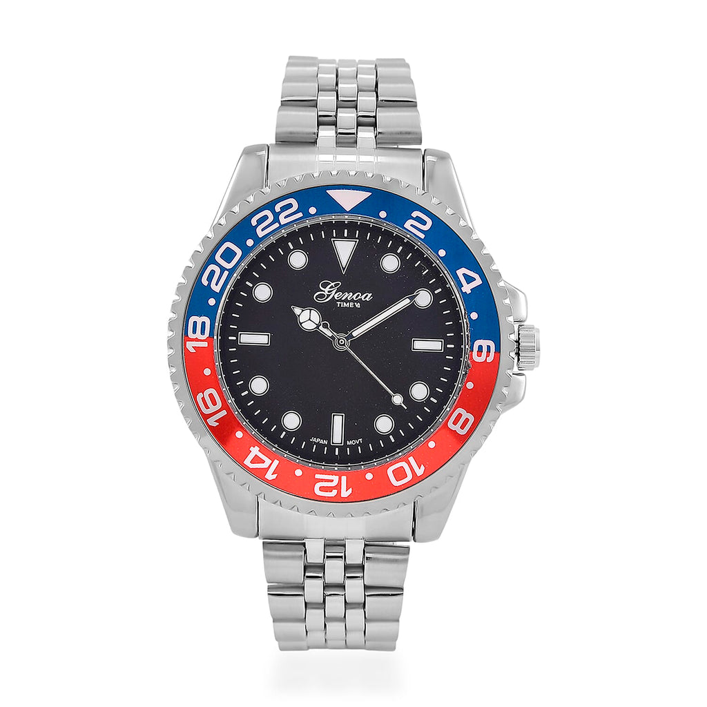 GENOA TIME V2 Miyota 2035 Japan Movt. 3ATM Water Resistant Pepsi Bezel Black Dial Mens Watch with Silver Colour Stainless Steel Strap