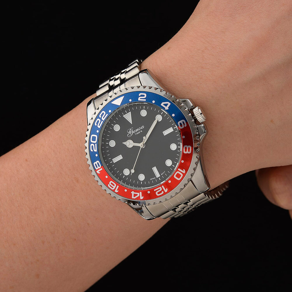 GENOA TIME V2 Miyota 2035 Japan Movt. 3ATM Water Resistant Pepsi Bezel Black Dial Mens Watch with Silver Colour Stainless Steel Strap