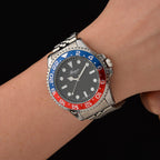 GENOA TIME V2 Miyota 2035 Japan Movt. 3ATM Water Resistant Pepsi Bezel Black Dial Mens Watch with Silver Colour Stainless Steel Strap