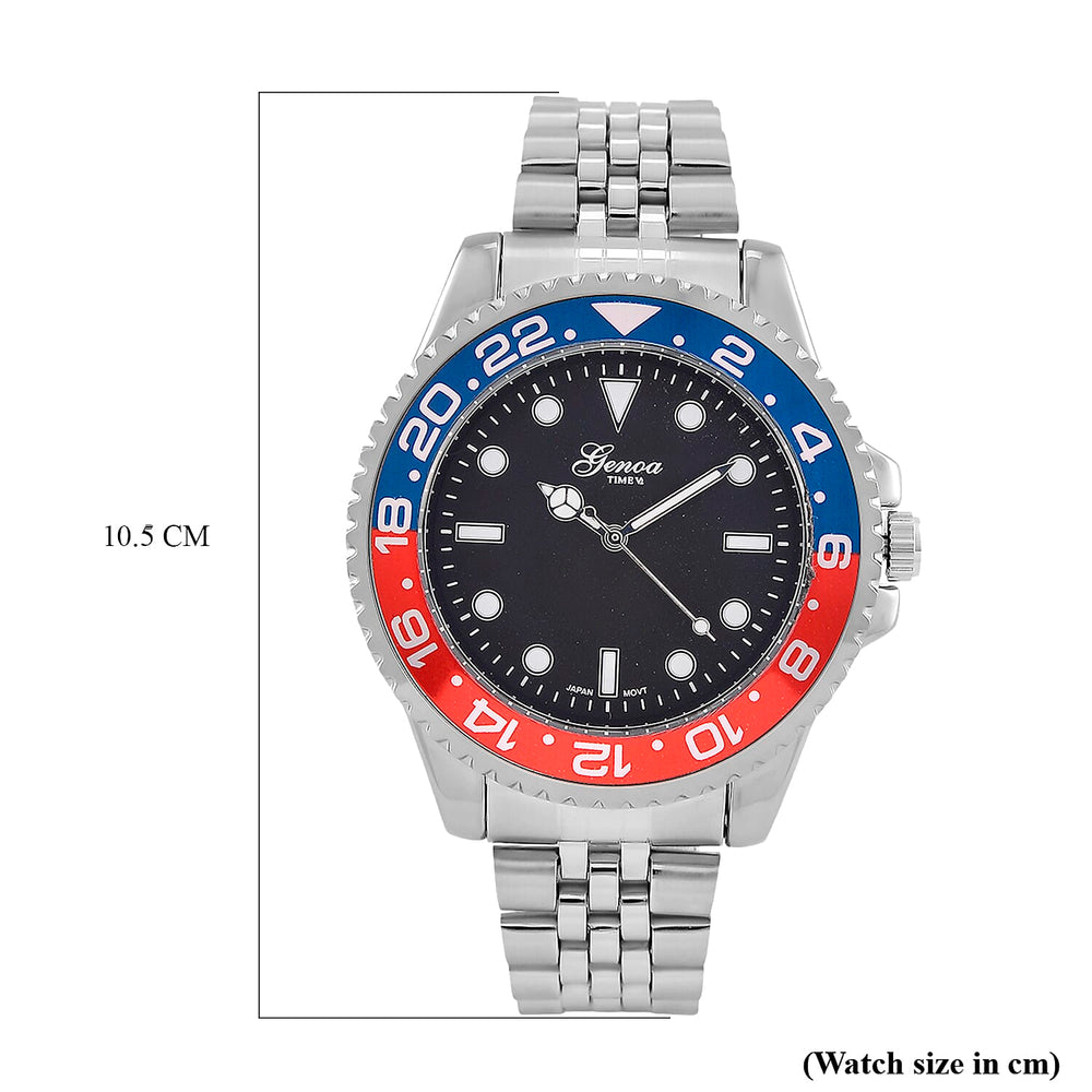GENOA TIME V2 Miyota 2035 Japan Movt. 3ATM Water Resistant Pepsi Bezel Black Dial Mens Watch with Silver Colour Stainless Steel Strap