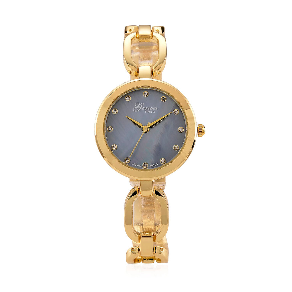 GENOA TIME V2 Miyota 2035 Japan Movt. 3ATM Water Resistant White Crystal & Grey MOP Dial Ladies Watch with Gold Colour Alloy Chain Strap and Gold-Tone Case