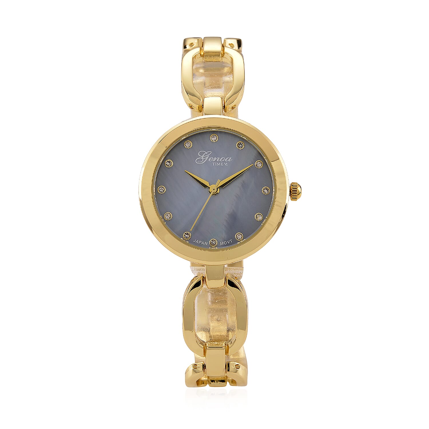 GENOA TIME V2 Miyota 2035 Japan Movt. 3ATM Water Resistant White Crystal & Grey MOP Dial Ladies Watch with Gold Colour Alloy Chain Strap and Gold-Tone Case