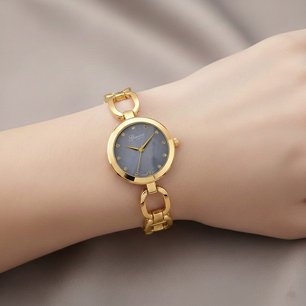 GENOA TIME V2 Miyota 2035 Japan Movt. 3ATM Water Resistant White Crystal & Grey MOP Dial Ladies Watch with Gold Colour Alloy Chain Strap and Gold-Tone Case