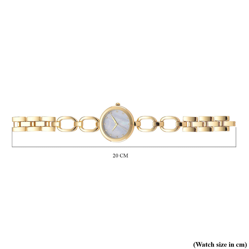 GENOA TIME V2 Miyota 2035 Japan Movt. 3ATM Water Resistant White Crystal & Grey MOP Dial Ladies Watch with Gold Colour Alloy Chain Strap and Gold-Tone Case