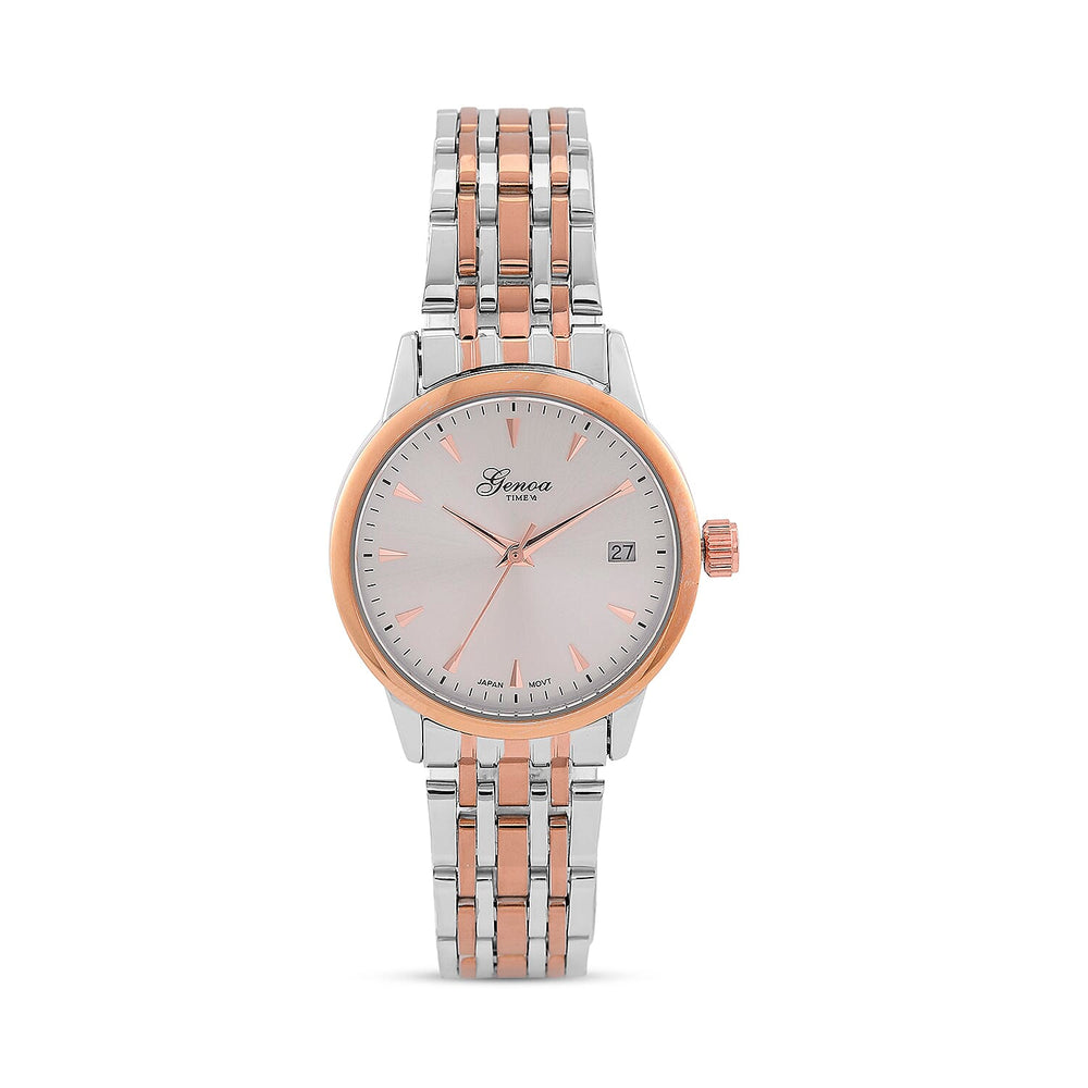 GENOA TIME V2 Miyota GM12 Japan Movt. 3ATM Water Resistant White Dial Watch with Silver and Rose Gold Colour Stainless Steel Strap