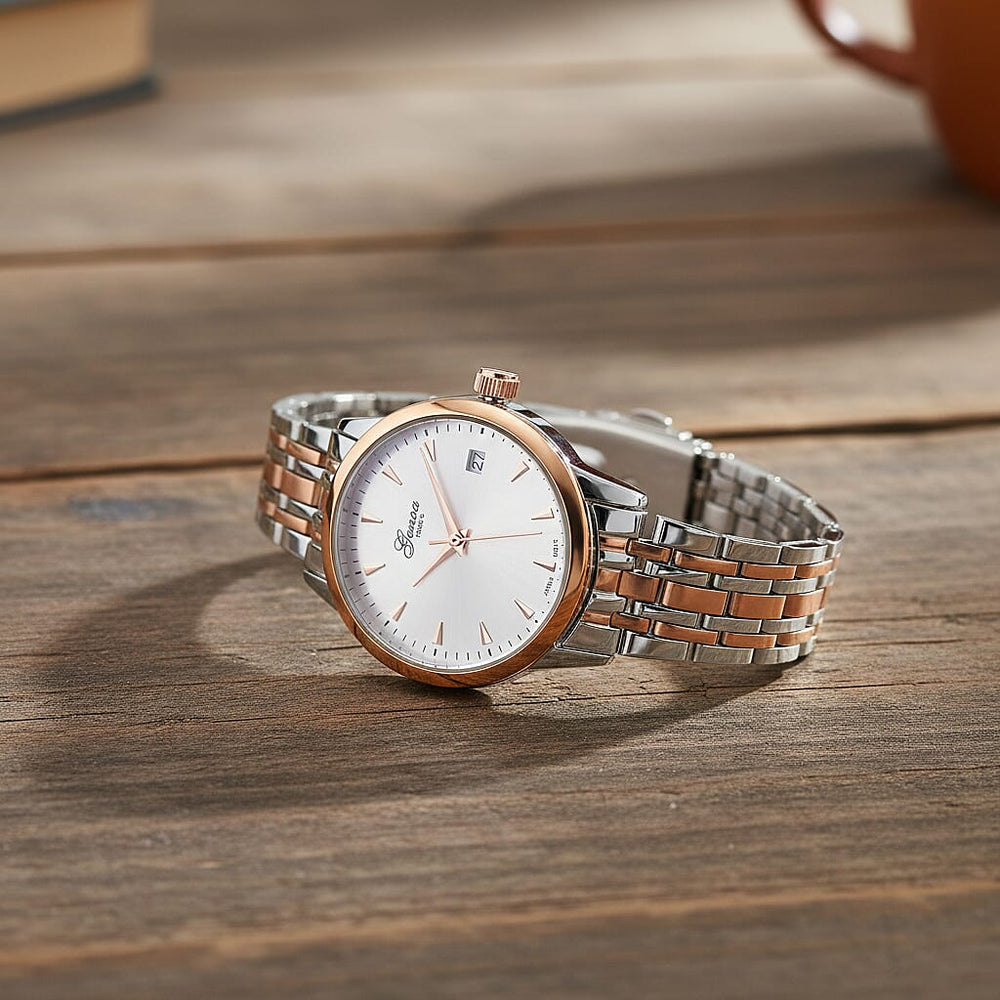 GENOA TIME V2 Miyota GM12 Japan Movt. 3ATM Water Resistant White Dial Watch with Silver and Rose Gold Colour Stainless Steel Strap