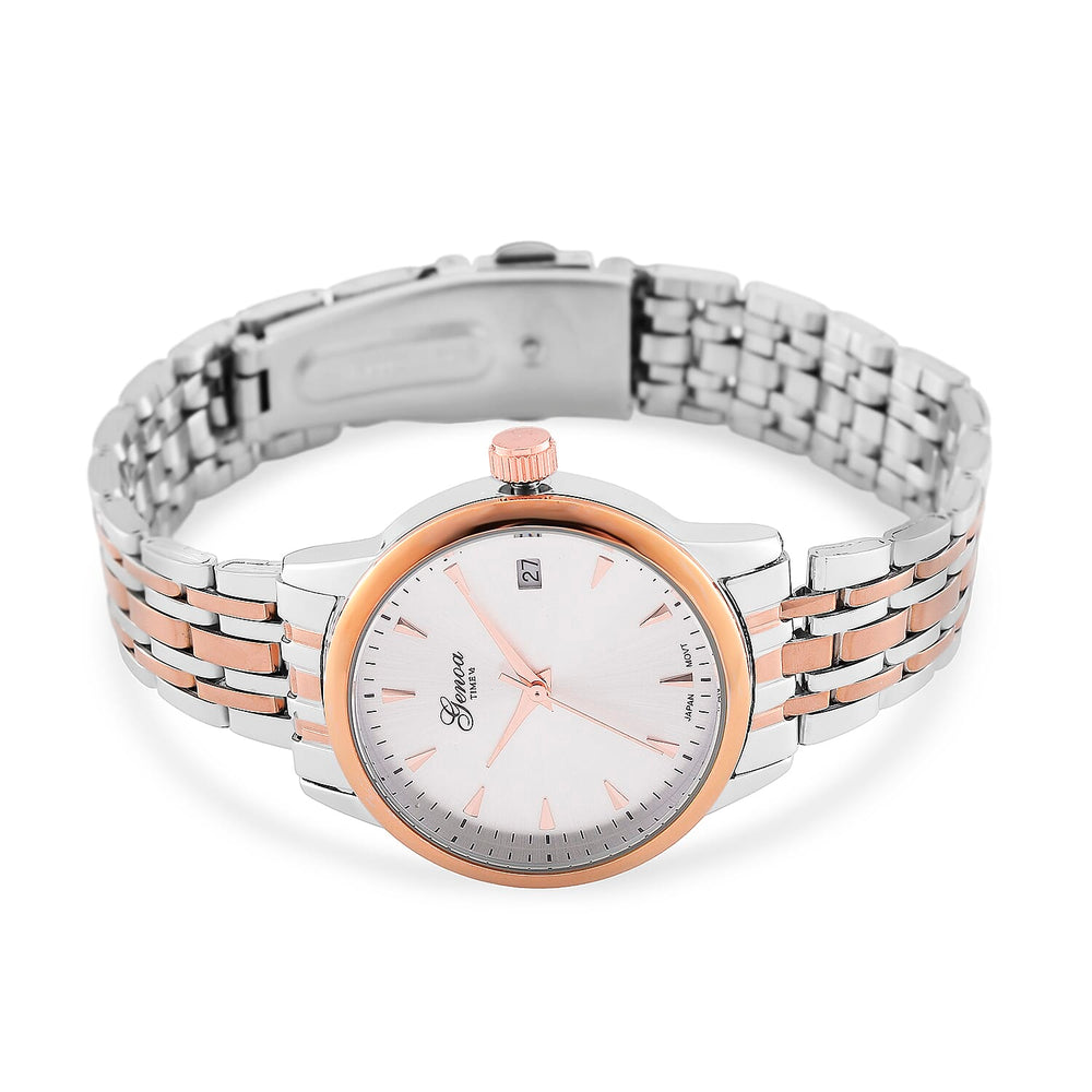 GENOA TIME V2 Miyota GM12 Japan Movt. 3ATM Water Resistant White Dial Watch with Silver and Rose Gold Colour Stainless Steel Strap