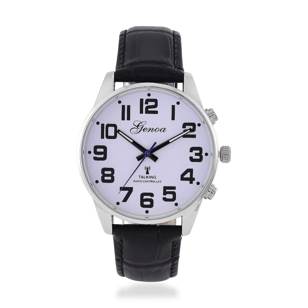 GENOA TIME V2 Quartz Movt. 3ATM Water Resistant White Dial Talking Watch with Black Colour Leather Strap and Silver-Tone Case