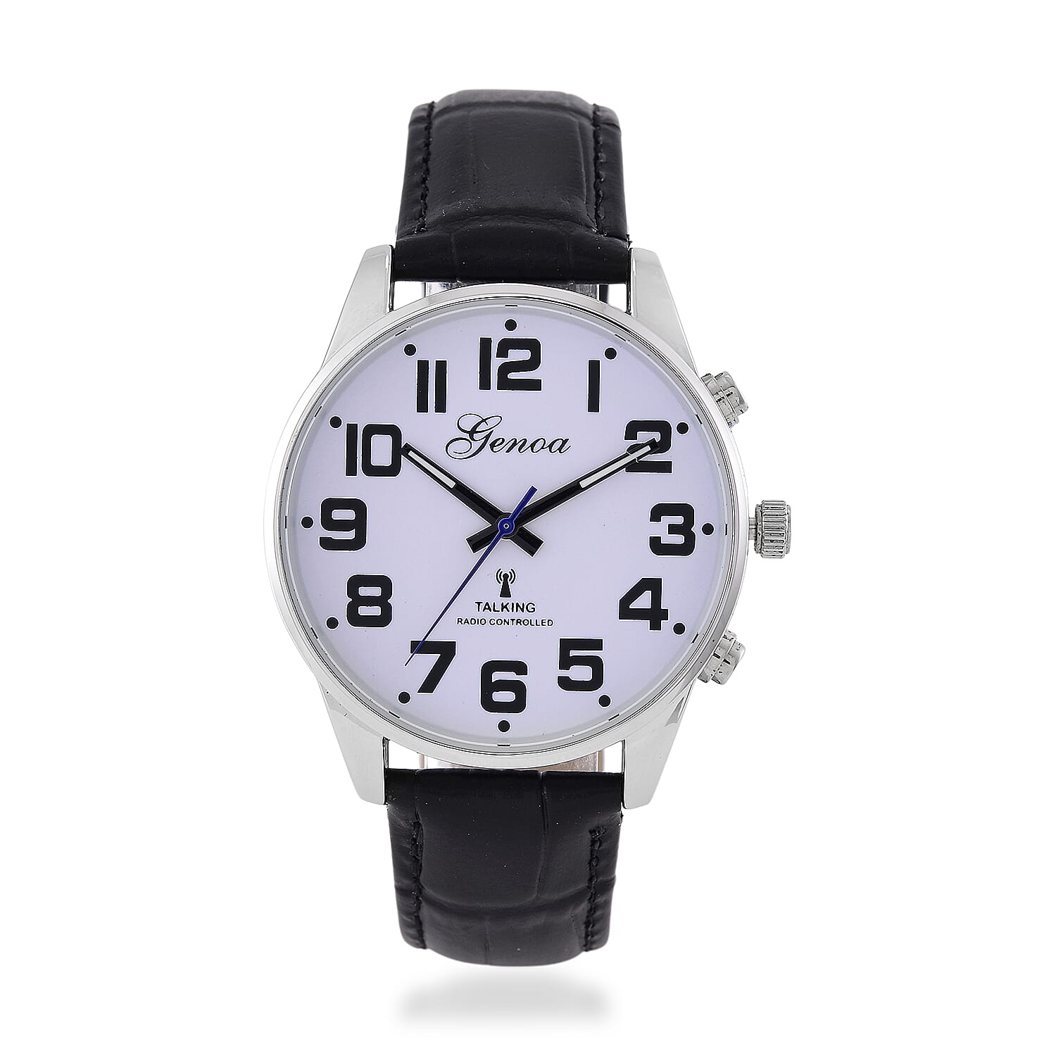 GENOA TIME V2 Quartz Movt. 3ATM Water Resistant White Dial Talking Watch with Black Colour Leather Strap and Silver-Tone Case