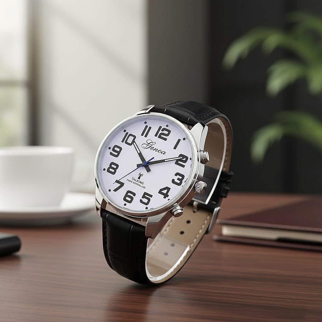 GENOA TIME V2 Quartz Movt. 3ATM Water Resistant White Dial Talking Watch with Black Colour Leather Strap and Silver-Tone Case