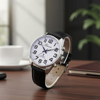 GENOA TIME V2 Quartz Movt. 3ATM Water Resistant White Dial Talking Watch with Black Colour Leather Strap and Silver-Tone Case
