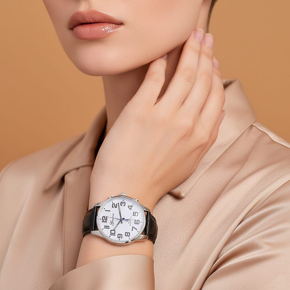 GENOA TIME V2 Quartz Movt. 3ATM Water Resistant White Dial Talking Watch with Black Colour Leather Strap and Silver-Tone Case