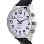 GENOA TIME V2 Quartz Movt. 3ATM Water Resistant White Dial Talking Watch with Black Colour Leather Strap and Silver-Tone Case