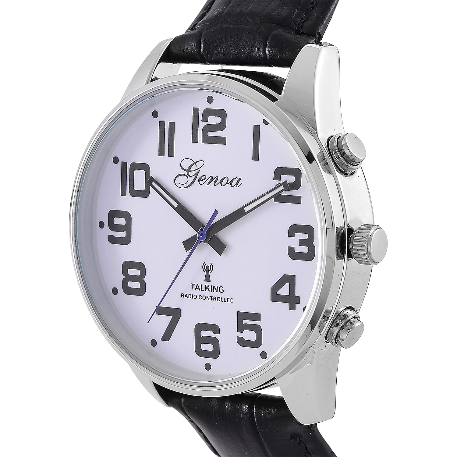 GENOA TIME V2 Quartz Movt. 3ATM Water Resistant White Dial Talking Watch with Black Colour Leather Strap and Silver-Tone Case