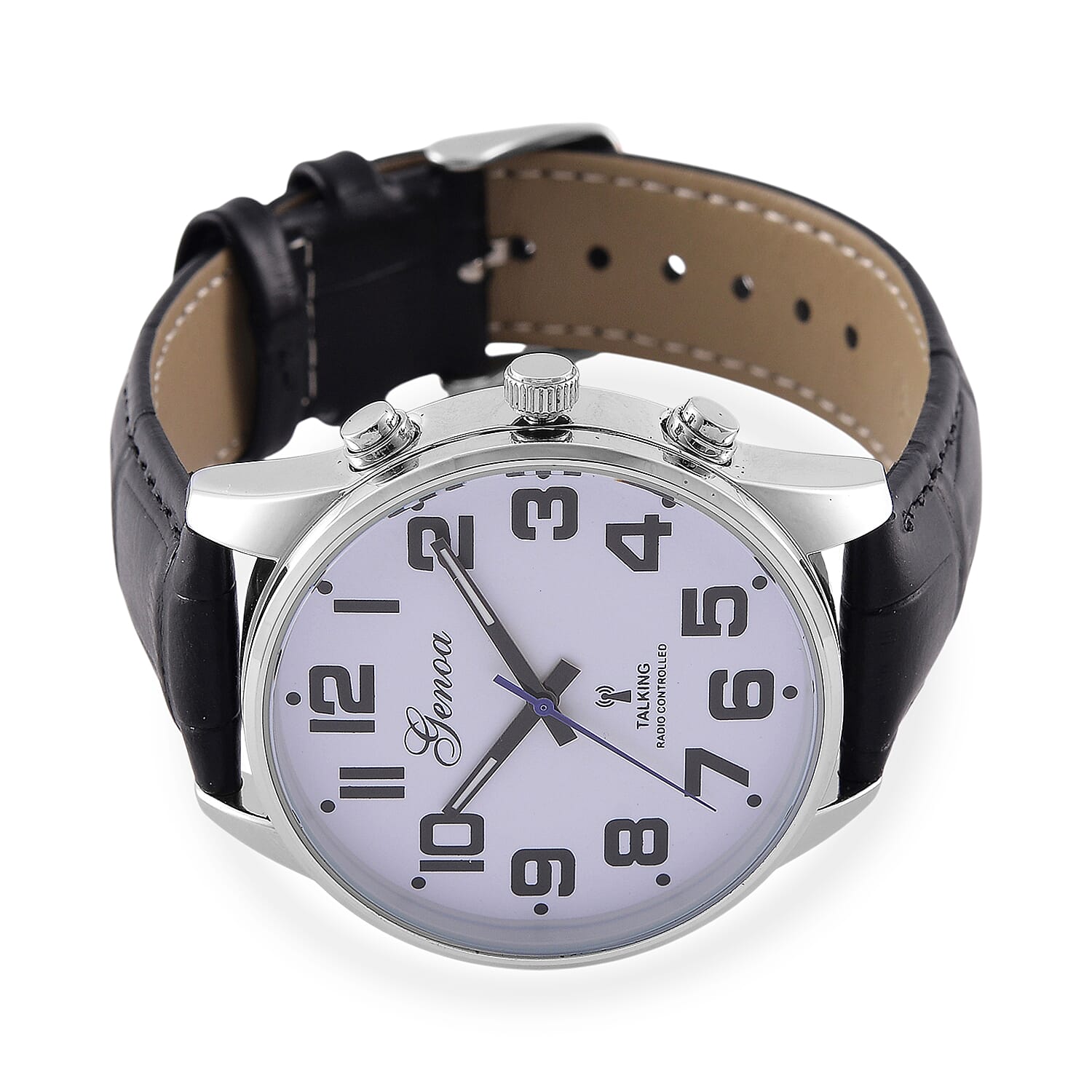 GENOA TIME V2 Quartz Movt. 3ATM Water Resistant White Dial Talking Watch with Black Colour Leather Strap and Silver-Tone Case