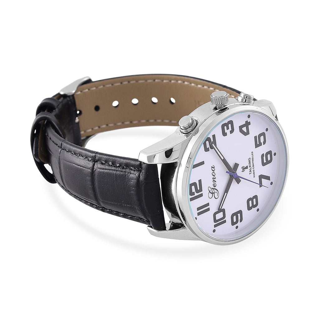 GENOA TIME V2 Quartz Movt. 3ATM Water Resistant White Dial Talking Watch with Black Colour Leather Strap and Silver-Tone Case