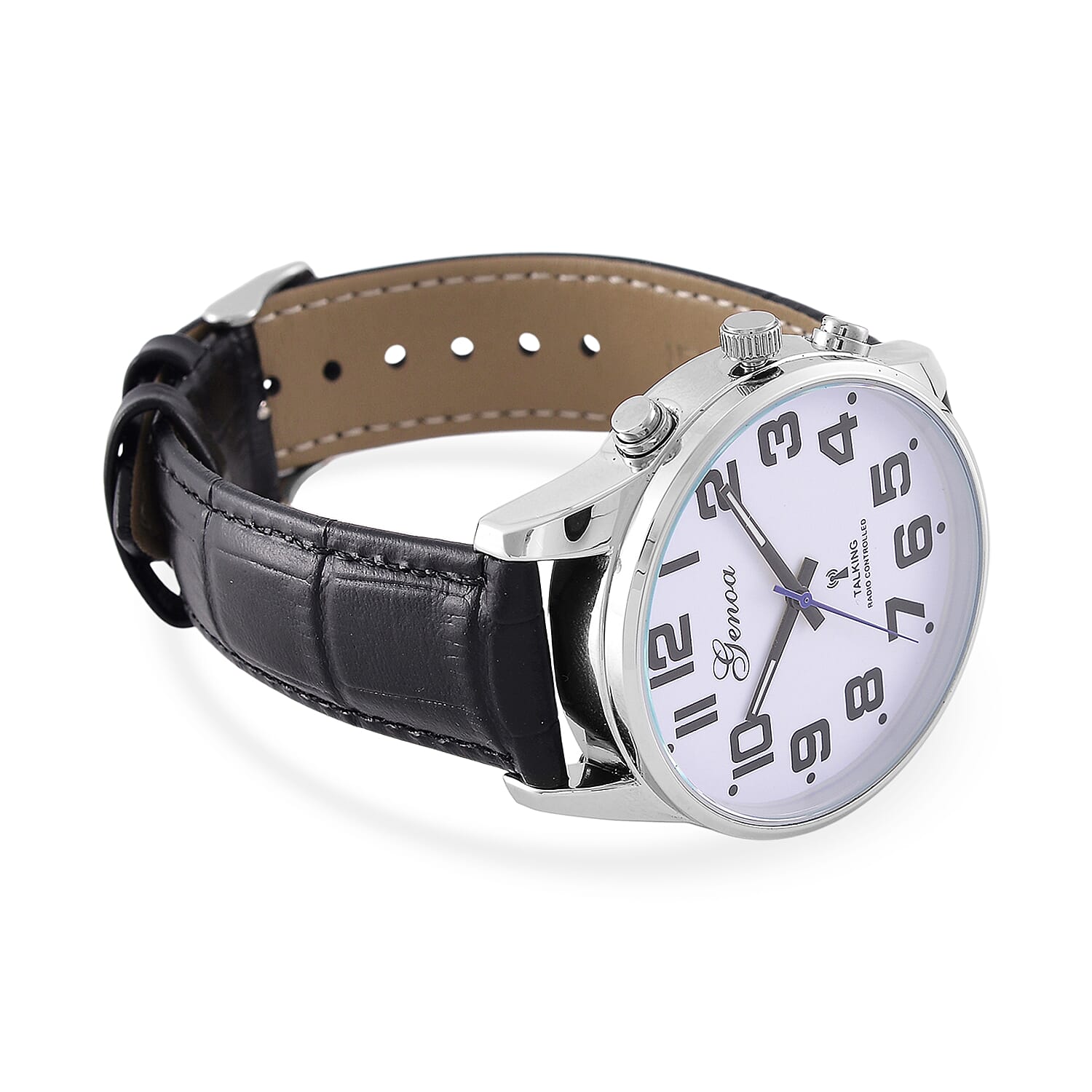 GENOA TIME V2 Quartz Movt. 3ATM Water Resistant White Dial Talking Watch with Black Colour Leather Strap and Silver-Tone Case
