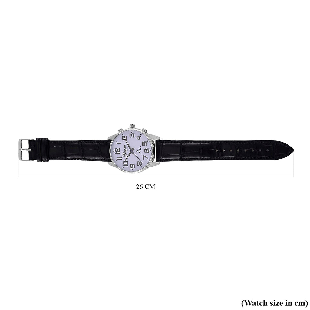GENOA TIME V2 Quartz Movt. 3ATM Water Resistant White Dial Talking Watch with Black Colour Leather Strap and Silver-Tone Case