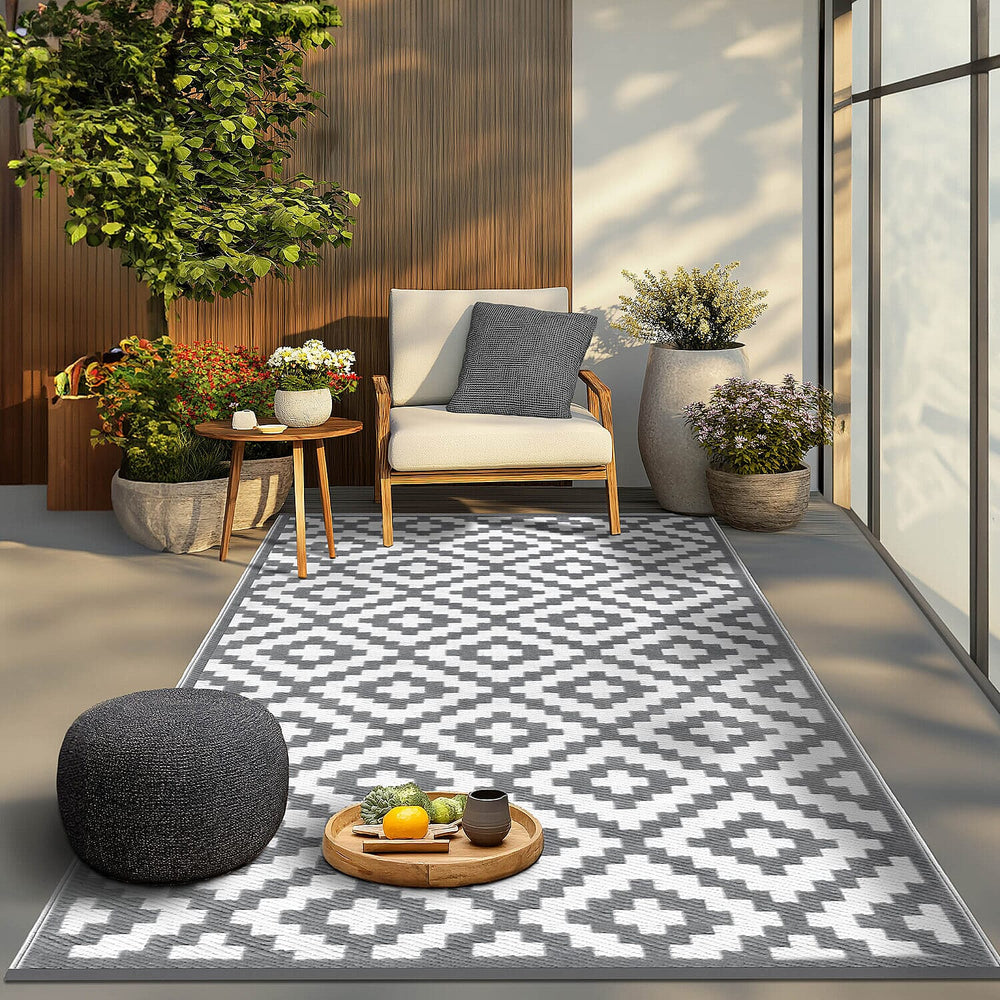 Green Decore Geometric Pattern Lightweight Reversible Stain Proof Outdoor Rug (150X90cm) - Grey - White