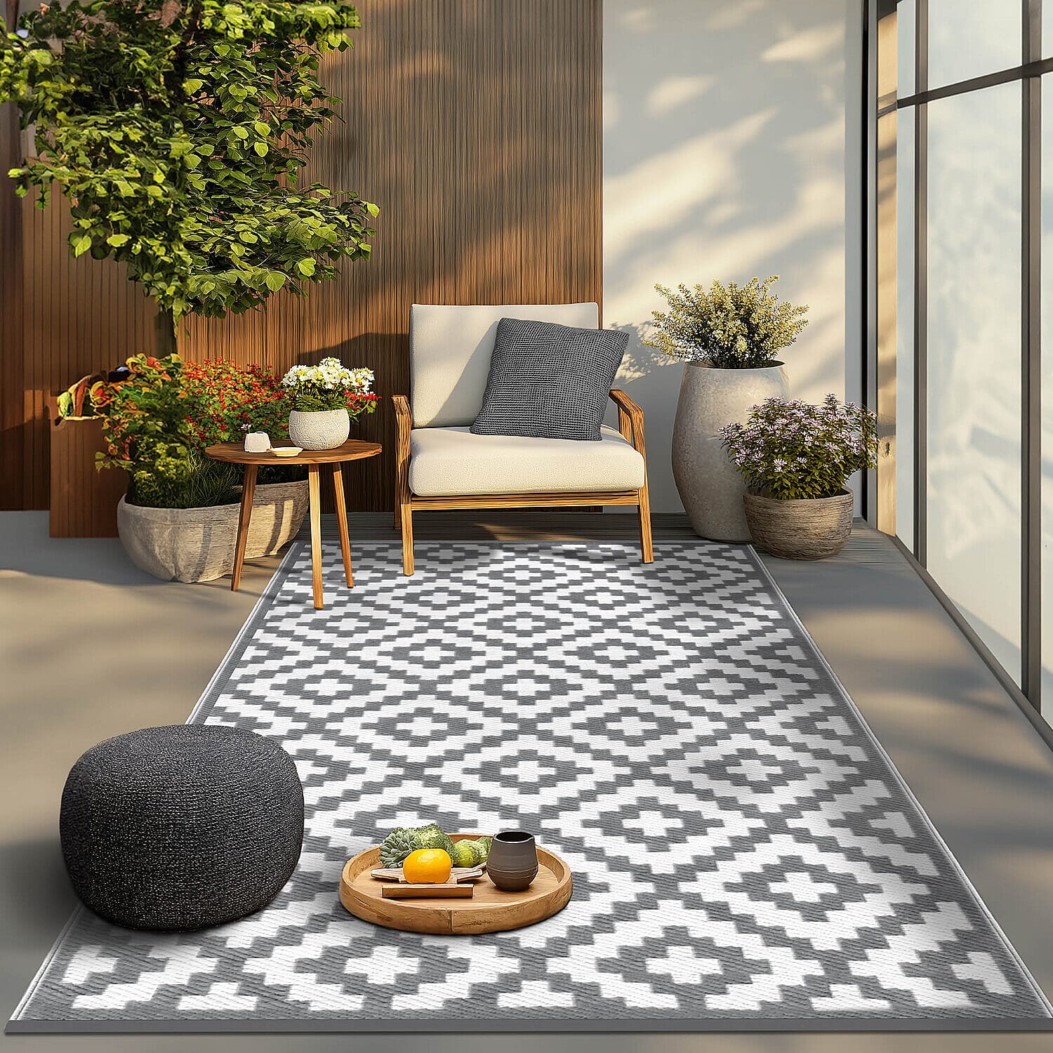 Green Decore Geometric Pattern Lightweight Reversible Stain Proof Outdoor Rug (150X90cm) - Grey - White