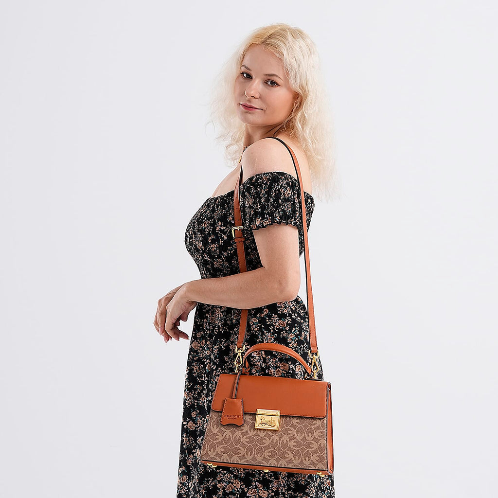 GUANCHI Oval Pattern Crossbody Bag with Handle Drop - Brown & Beige