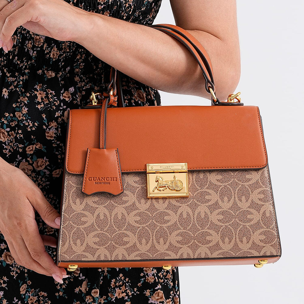 GUANCHI Oval Pattern Crossbody Bag with Handle Drop - Brown & Beige