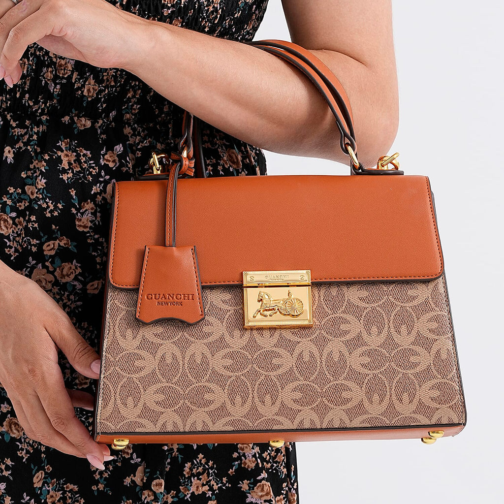 GUANCHI Oval Pattern Crossbody Bag with Handle Drop - Brown & Beige