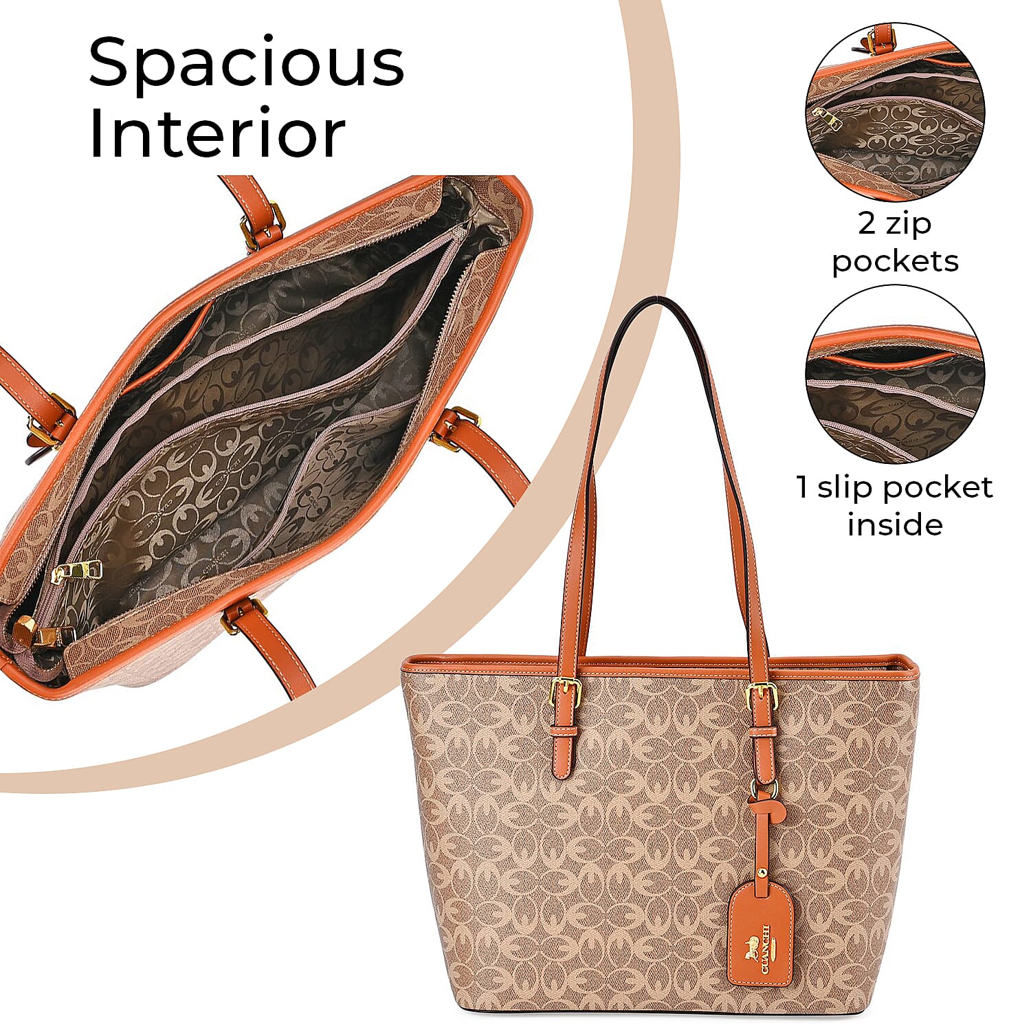 GUANCHI Tote Bag with Pouch & Handle Drop - Brown