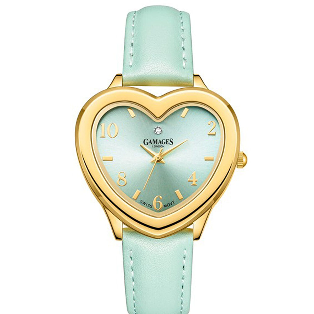 Gamages Of London Endearing Diamond Swiss Quartz Movement 3ATM Water Resistant Gold & Teal Heart Dial Womens Watch with Teal Leather Strap