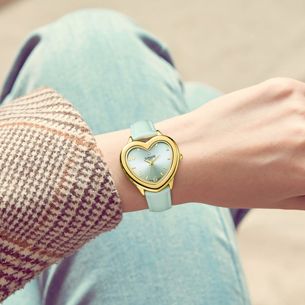 Gamages Of London Endearing Diamond Swiss Quartz Movement 3ATM Water Resistant Gold & Teal Heart Dial Womens Watch with Teal Leather Strap