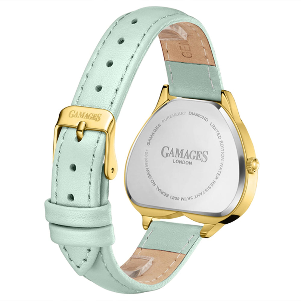 Gamages Of London Endearing Diamond Swiss Quartz Movement 3ATM Water Resistant Gold & Teal Heart Dial Womens Watch with Teal Leather Strap