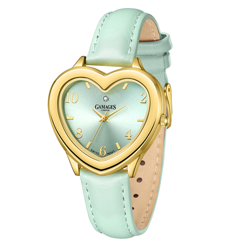 Gamages Of London Endearing Diamond Swiss Quartz Movement 3ATM Water Resistant Gold & Teal Heart Dial Womens Watch with Teal Leather Strap