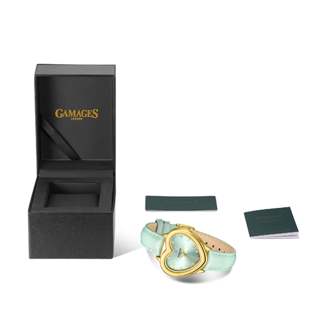 Gamages Of London Endearing Diamond Swiss Quartz Movement 3ATM Water Resistant Gold & Teal Heart Dial Womens Watch with Teal Leather Strap