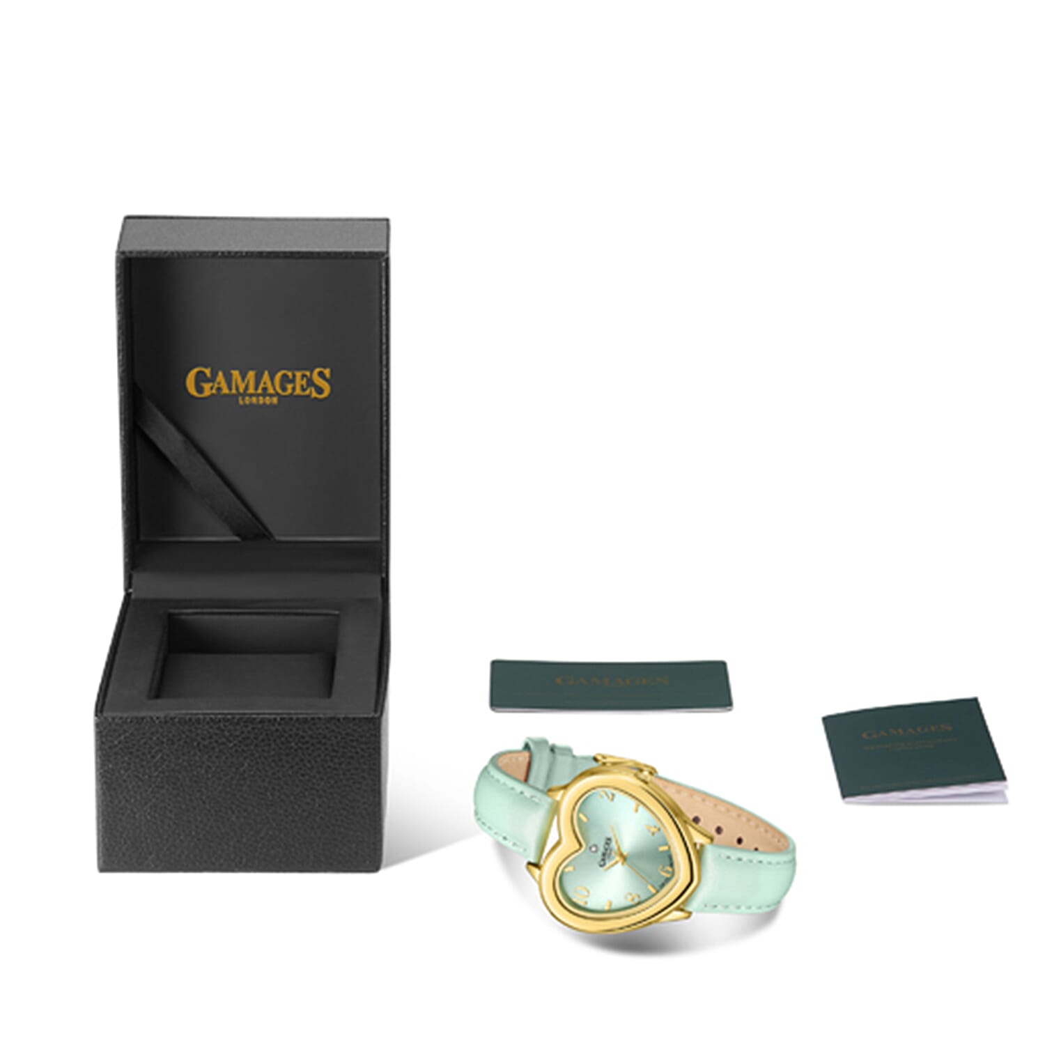 Gamages Of London Endearing Diamond Swiss Quartz Movement 3ATM Water Resistant Gold & Teal Heart Dial Womens Watch with Teal Leather Strap