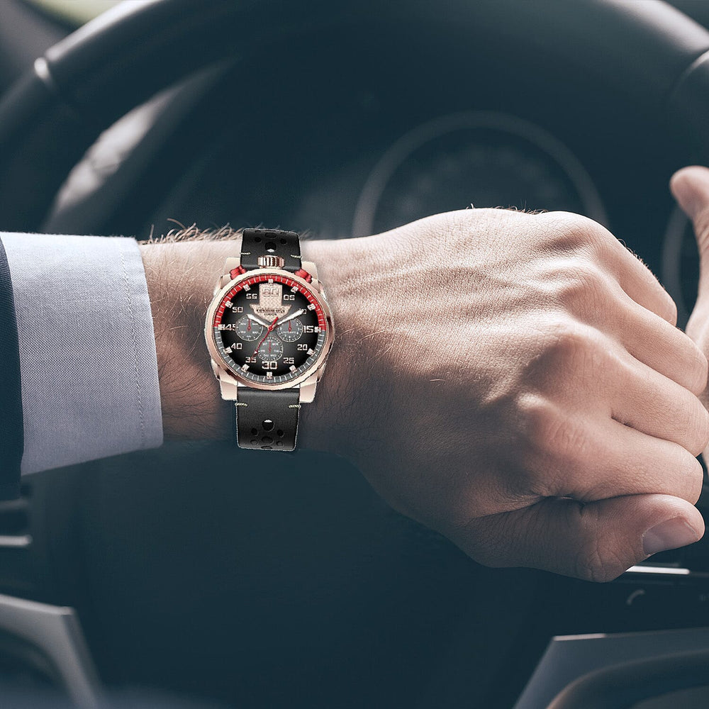 Gamages Of London Limited Edition Hand Assembled Piston Automatic Movement Black & Rose Gold Dial Water Resistant Watch in Black Leather Strap