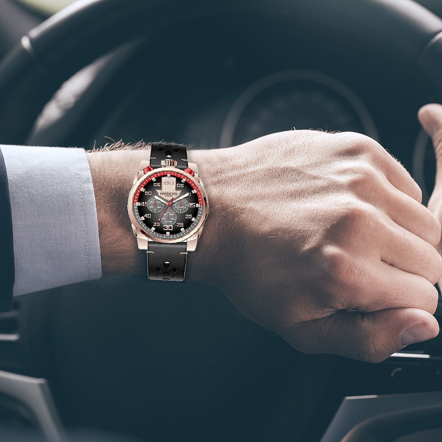 Gamages Of London Limited Edition Hand Assembled Piston Automatic Movement Black & Rose Gold Dial Water Resistant Watch in Black Leather Strap