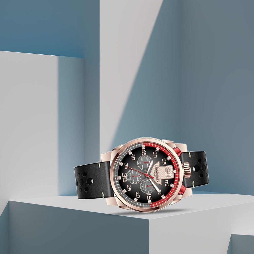 Gamages Of London Limited Edition Hand Assembled Piston Automatic Movement Black & Rose Gold Dial Water Resistant Watch in Black Leather Strap