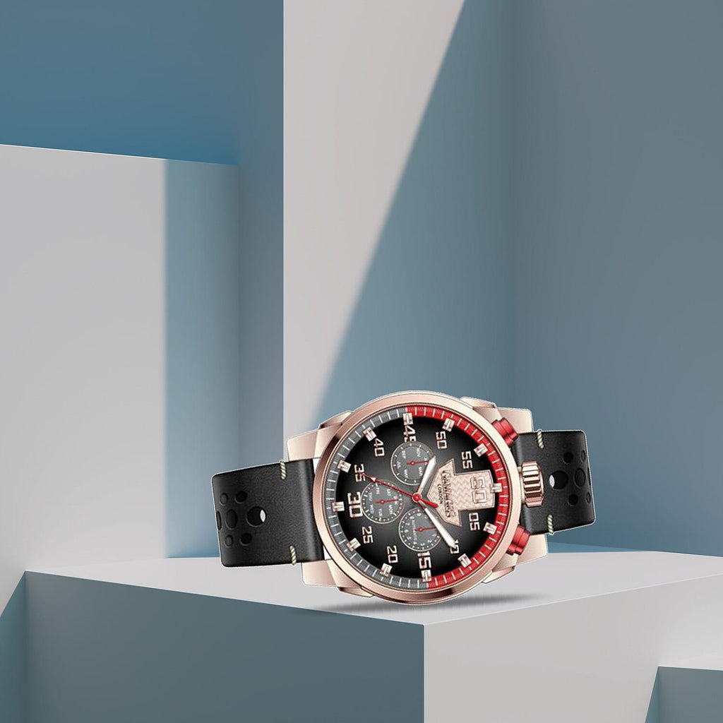 Gamages Of London Limited Edition Hand Assembled Piston Automatic Movement Black & Rose Gold Dial Water Resistant Watch in Black Leather Strap