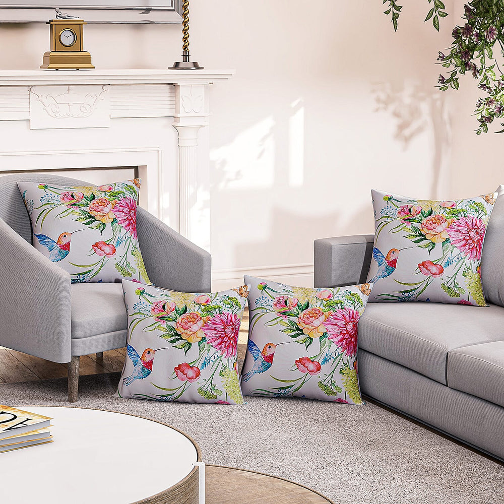 4-Piece Waterproof Outdoor Cushion Covers (Size 45x45cm) - Pink Floral - Hummingbird Print