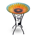 Hand Painted Sunflower Pattern Glass Birdbath with Solar Light in Multi (Size- 45x45x57cm)