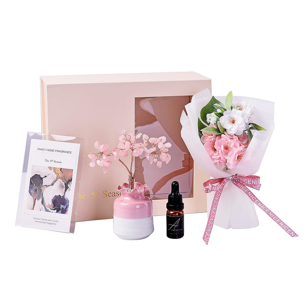 Close Out Deal - Gemstone Tree in Porcelain Vase with 10ml Essential Oil and Artificial Bouquet in Gift Box - Rose Quartz