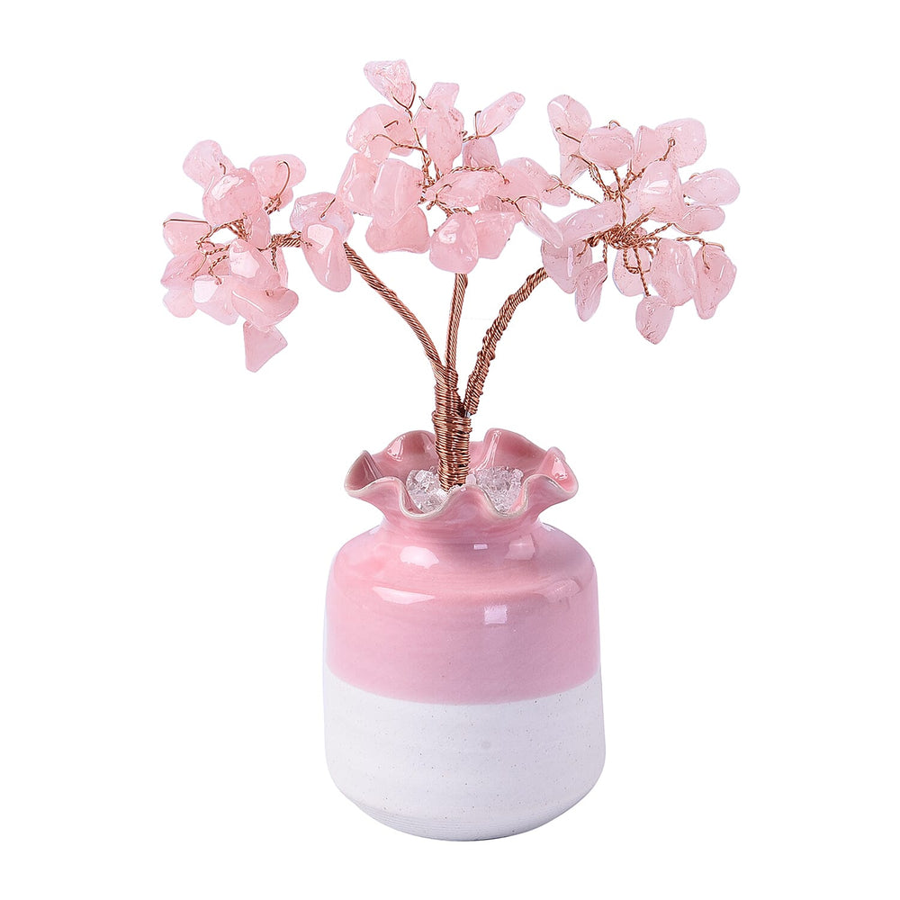 Close Out Deal - Gemstone Tree in Porcelain Vase with 10ml Essential Oil and Artificial Bouquet in Gift Box - Rose Quartz