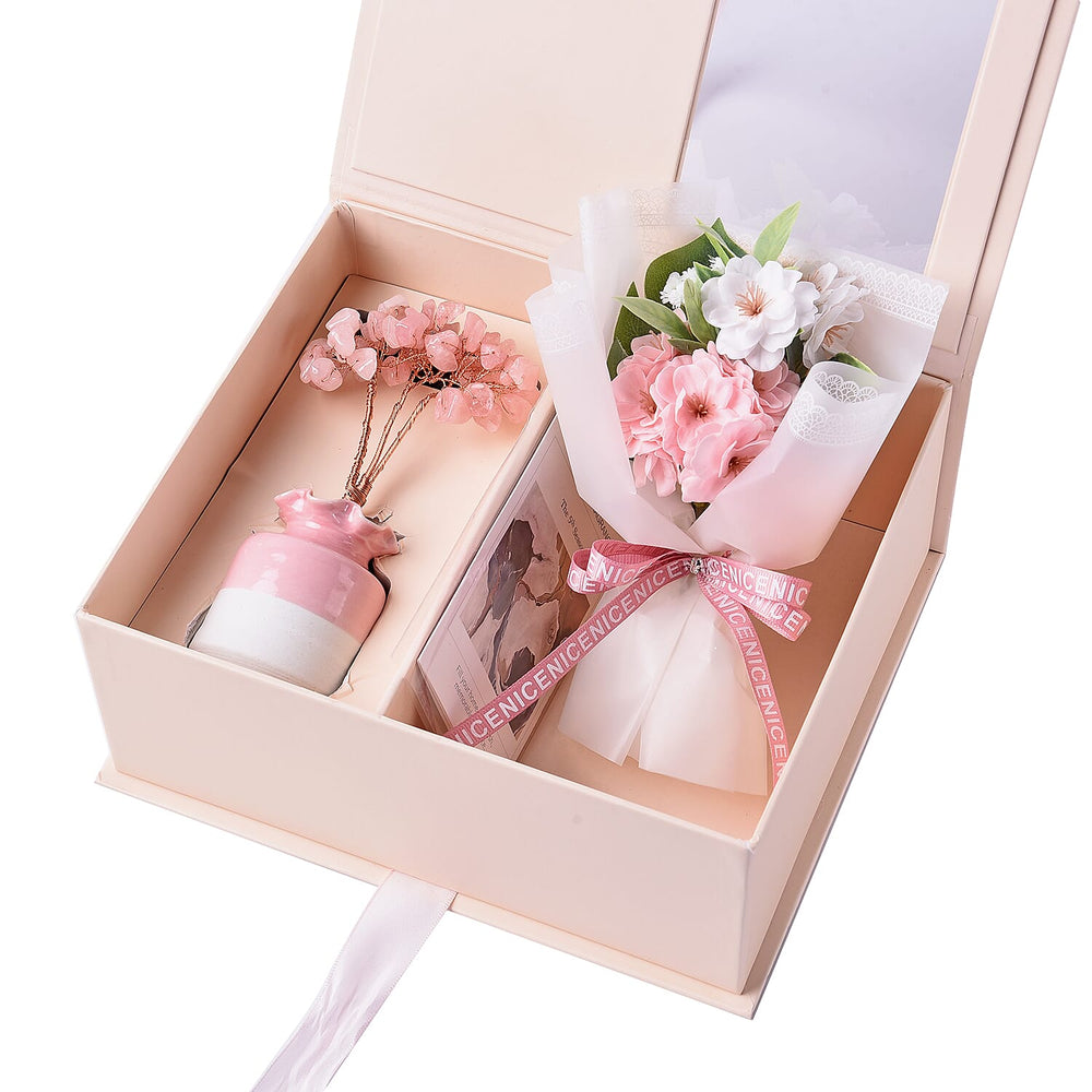 Close Out Deal - Gemstone Tree in Porcelain Vase with 10ml Essential Oil and Artificial Bouquet in Gift Box - Rose Quartz